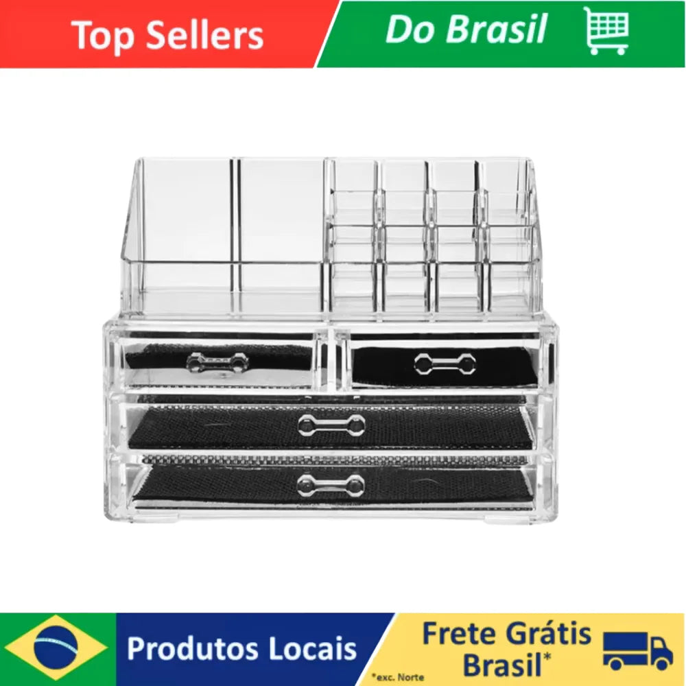 Organizador de Maquiagem Acrílico Transparente com 4 Gavetas e 16 Divisórias