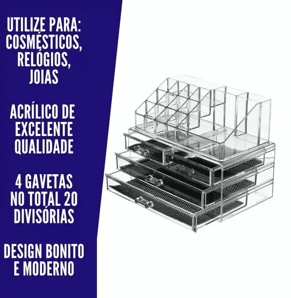 Organizador de Maquiagem Acrílico Transparente com 4 Gavetas e 16 Divisórias