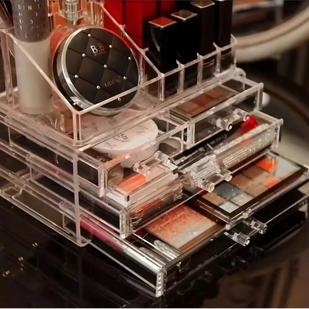 Organizador de Maquiagem Acrílico Transparente com 4 Gavetas e 16 Divisórias