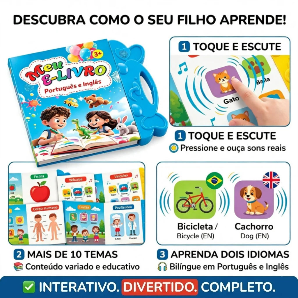 Livro Infantil Interativo Bilíngue Português e Inglês com Sons – Educativo Touch