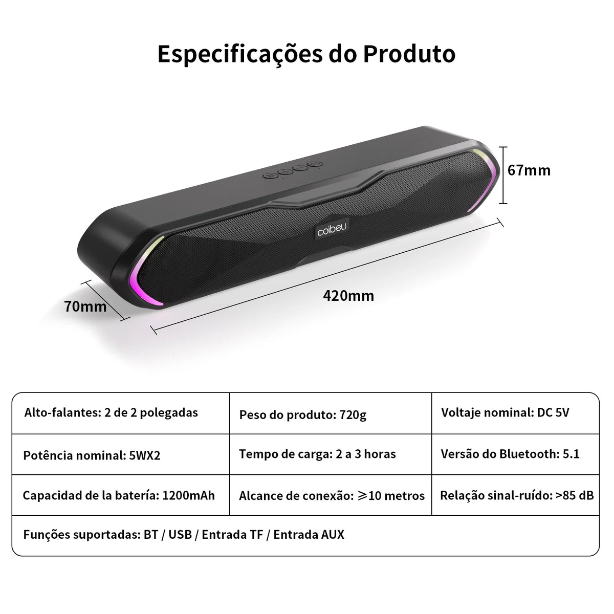 Soundbar Gamer Bluetooth COIBEU com LED RGB e Som Estéreo para PC e Notebook