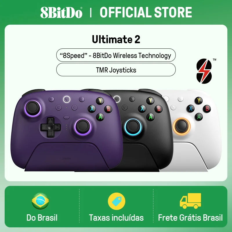 Controle 8BitDo Ultimate 2 Wireless com Joysticks TMR, RGB e Gatilhos Hall – PC e Android