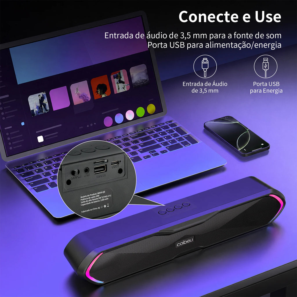 Soundbar Gamer Bluetooth COIBEU com LED RGB e Som Estéreo para PC e Notebook