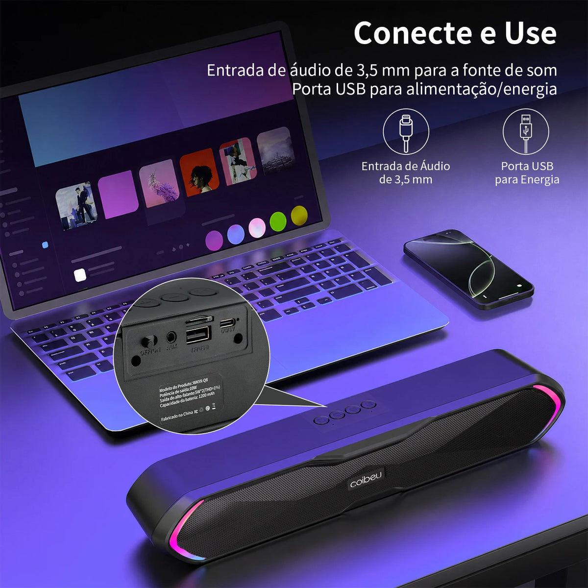 Soundbar Gamer Bluetooth COIBEU com LED RGB e Som Estéreo para PC e Notebook