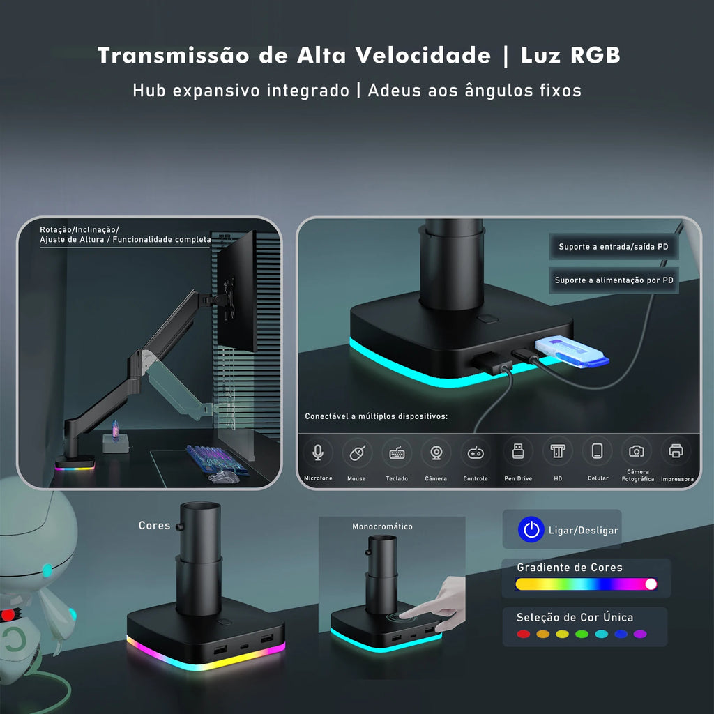 Braço Articulado para Monitor com Iluminação RGB – Suporte de Mesa Ajustável
