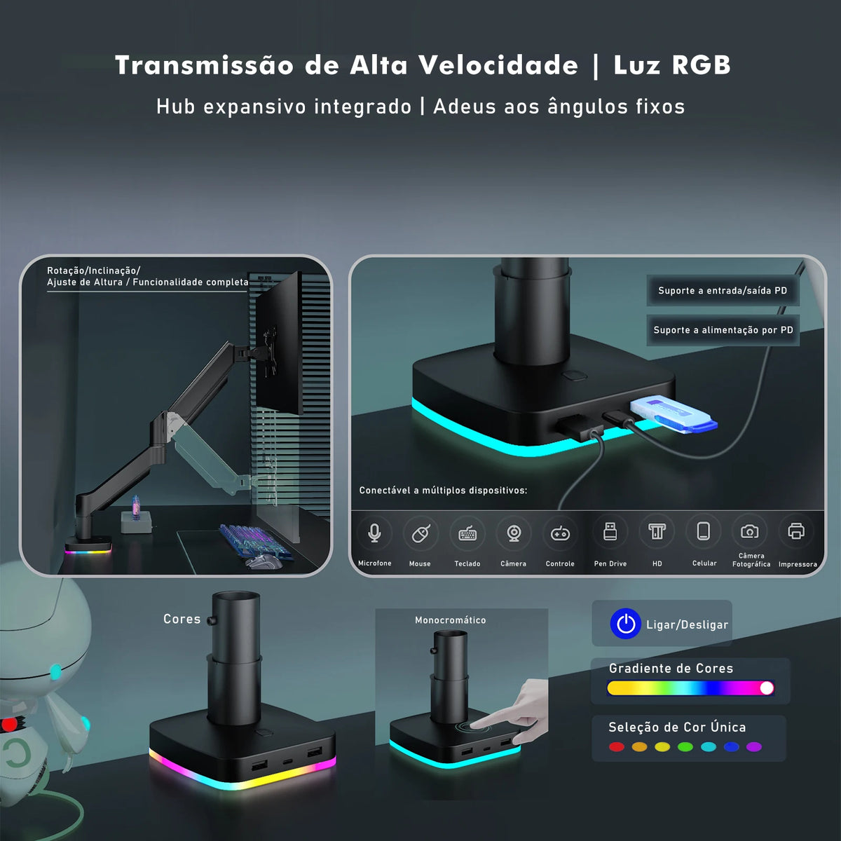 Braço Articulado para Monitor com Iluminação RGB – Suporte de Mesa Ajustável