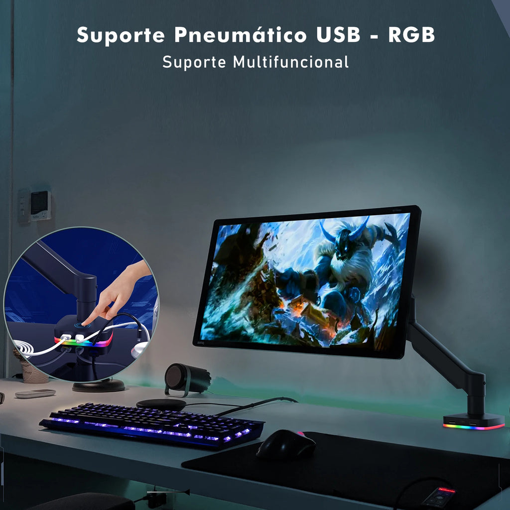 Braço Articulado para Monitor com Iluminação RGB – Suporte de Mesa Ajustável