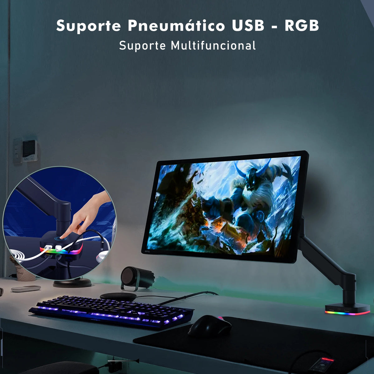 Braço Articulado para Monitor com Iluminação RGB – Suporte de Mesa Ajustável