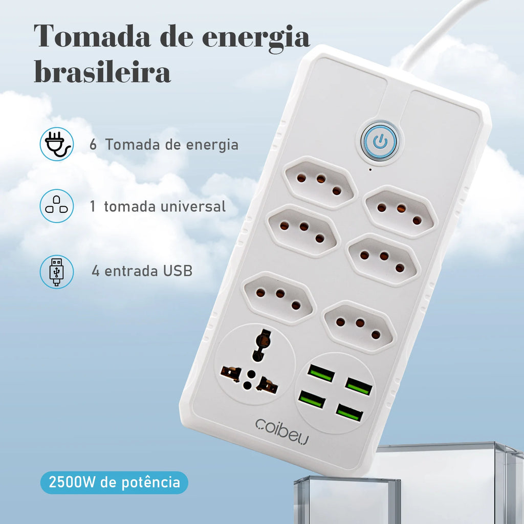 Extensão Elétrica com Tomadas e USB – Filtro de Linha Bivolt 110V/220V 10A