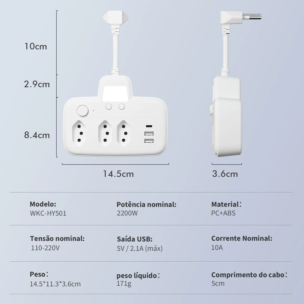 Extensão Elétrica com Múltiplas Tomadas Padrão Brasileiro – Régua de Energia para Casa e Escritório