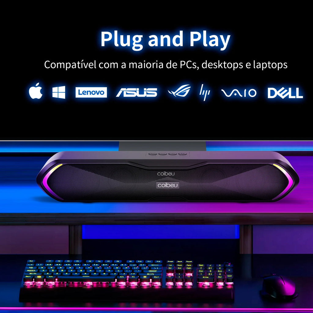 Soundbar Gamer Bluetooth COIBEU com LED RGB e Som Estéreo para PC e Notebook