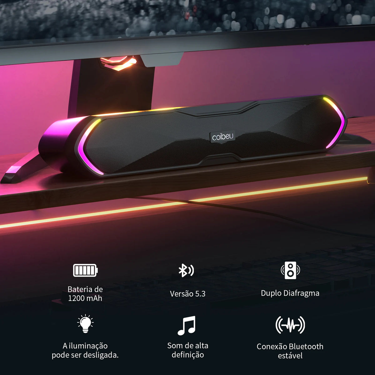 Soundbar Gamer Bluetooth COIBEU com LED RGB e Som Estéreo para PC e Notebook