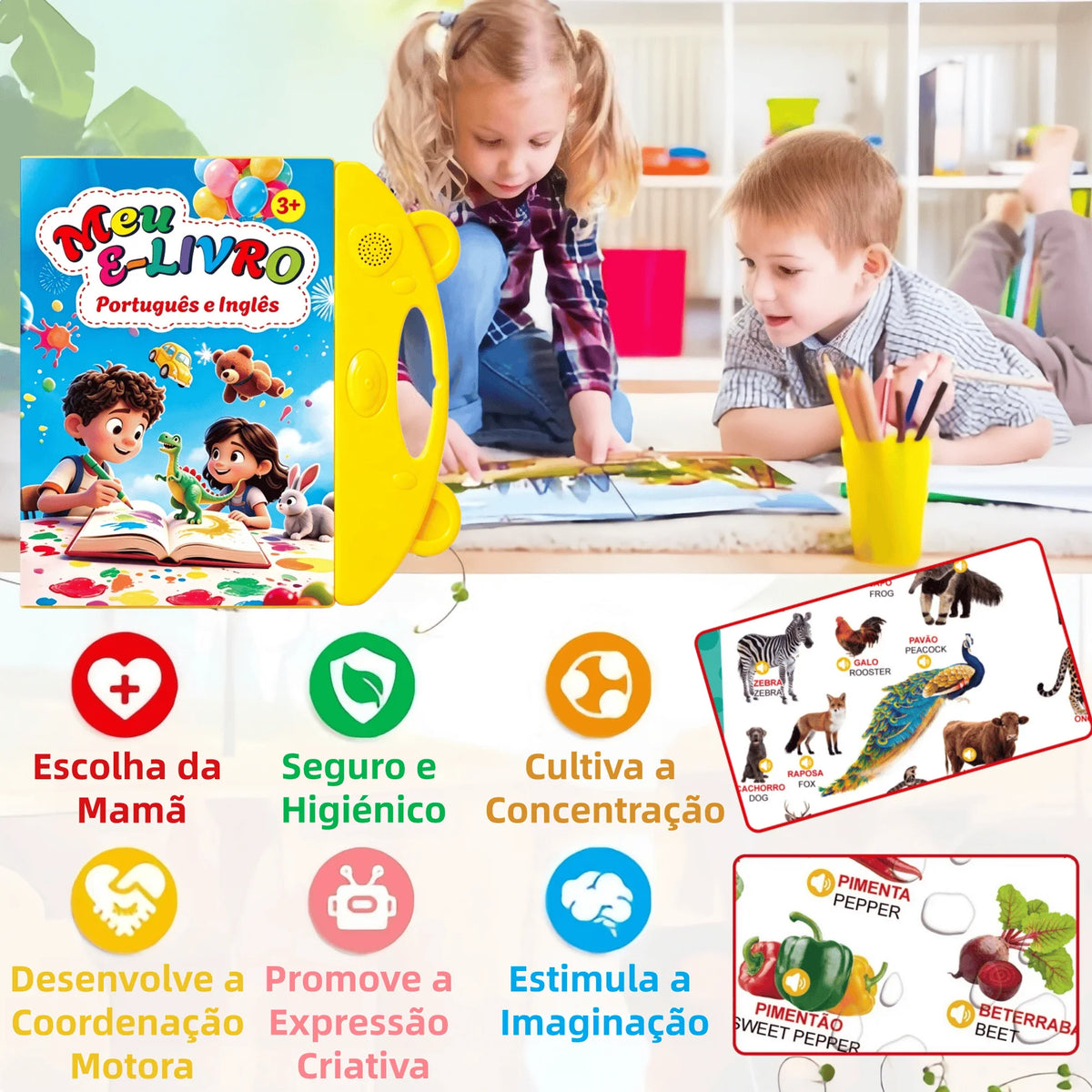 Livro Infantil Interativo Bilíngue Português e Inglês com Sons – Educativo Touch