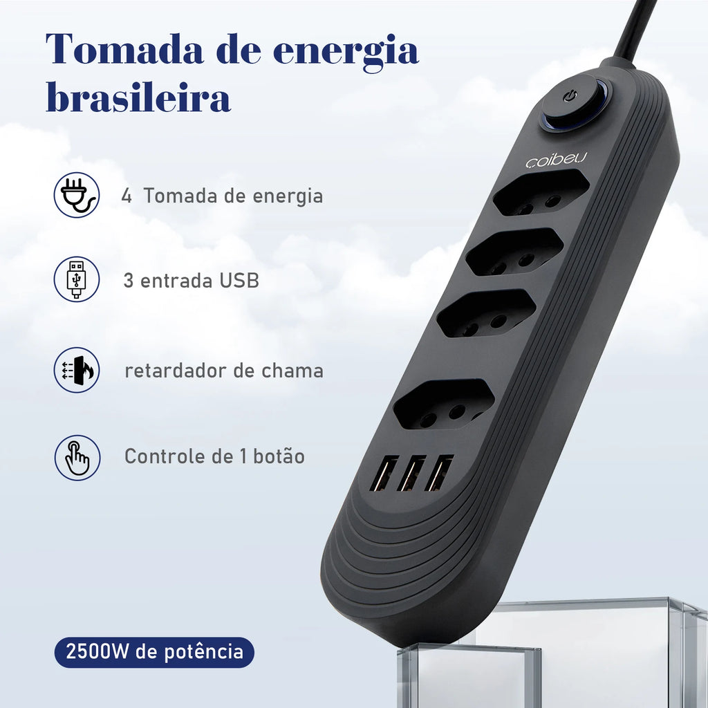 Extensão Elétrica com Tomadas e USB – Filtro de Linha Bivolt 110V/220V 10A