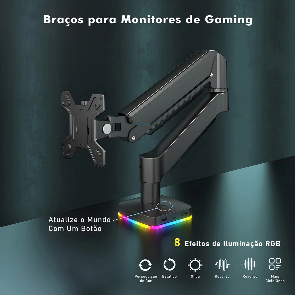 Braço Articulado para Monitor com Iluminação RGB – Suporte de Mesa Ajustável